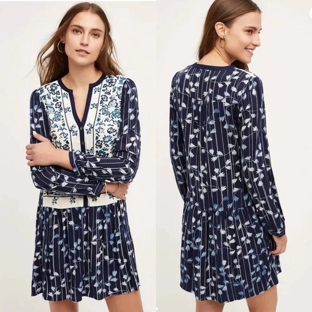 ANTHROPOLOGIE TINY Semele Embroidered Boho Blue Flowy Tunic Dress